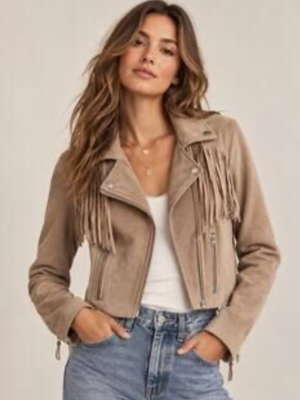 Abercrombie & Fitch Vegan Suede Tassel Moto Full Zip Cropped Tan jacket SZ S New